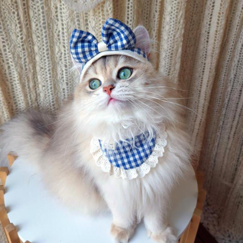 개달당 강아지 고양이 포키 체크 리본 모자 턱받이 2종 3colors 1번째 이미지